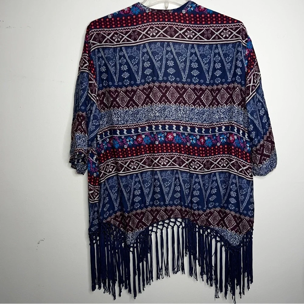 Hollister Kimono Swim Cover Up 100% Viscose Tasseled Navy Cream Maroon Small